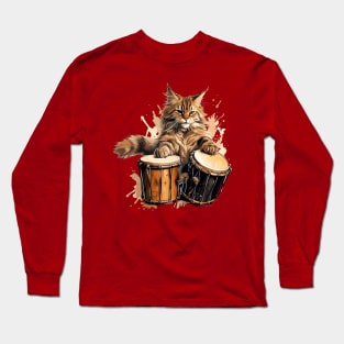 Maine Coon Cat Playing Drums Long Sleeve T-Shirt